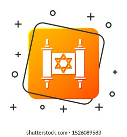 White Torah scroll icon isolated on white background. Jewish Torah in expanded form. Star of David symbol. Old parchment scroll. Orange square button. Vector Illustration