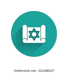 White Torah scroll icon isolated with long shadow. Jewish Torah in expanded form. Star of David symbol. Old parchment scroll. Green circle button. Vector