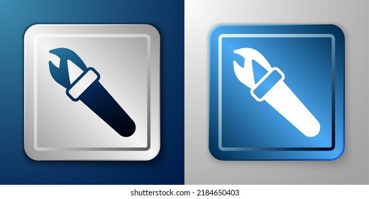 White Torch flame icon isolated on blue and grey background. Symbol fire hot, flame power, flaming and heat. Silver and blue square button. Vector