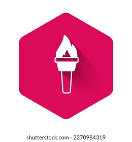 White Torch flame icon isolated with long shadow background. Symbol fire hot, flame power, flaming and heat. Pink hexagon button. Vector