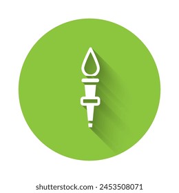 White Torch flame icon isolated with long shadow. Symbol fire hot, flame power, flaming and heat. Green circle button. Vector
