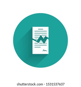 White Torn contract icon isolated with long shadow. File icon. Checklist icon. Business concept. Green circle button. Vector Illustration