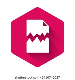 White Torn document icon isolated with long shadow. Pink hexagon button. Vector
