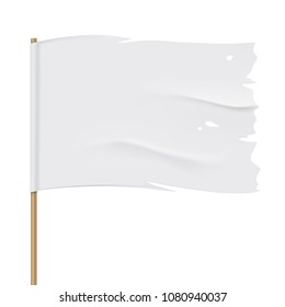 White torn flag close up. Waving fabric flag, isolated on background. Tattered vector flag design.