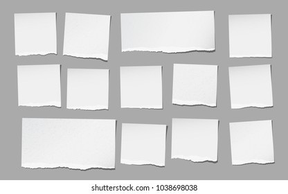 White torn note, notebook paper pieces for text stuck on gray background. Vector illustration.