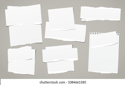 White torn note, notebook paper pieces for text stuck on dark grey background. Vector illustration.