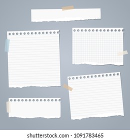 White torn note, notebook paper pieces for text stuck with sticky tape on gray background. Vector illustration.