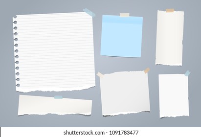 White torn note, notebook paper pieces for text stuck with sticky tape on gray background. Vector illustration.