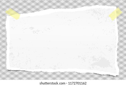 White torn note, notebook paper with torn edges and stains stuck with sticky tape on gray squared backgroud. Vector illustration.