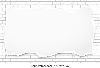 White torn note, notebook paper stuck on brick wall background. Vector illustration