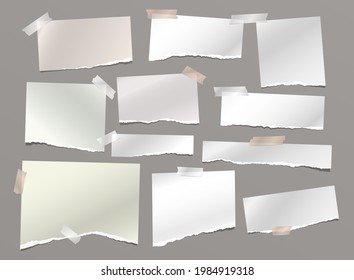 White torn note, notebook paper stripes with sticky tape are on dark grey background for text, advertising or design. Vector illustration