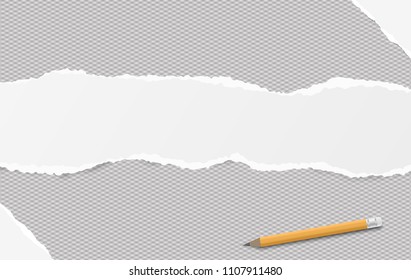 White torn oblong paper strip placed one squared horizontal background, paper for note. Vector illustration