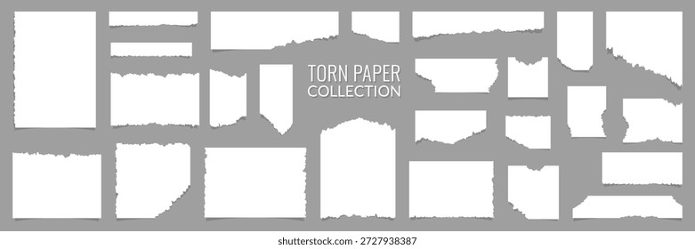 Coleção de papéis rasgados em branco. Folhas e tiras de papel com bordas rasgadas. Páginas em branco rasgadas do caderno, notas adesivas, borda do scrapbook. Ilustração vetorial