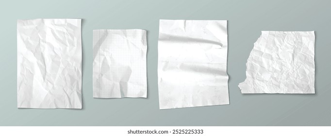 White torn paper. Crumpled old sheet with crease. Rough poster with wrinkle for note realistic mockup. Empty checkered and wrinkled school diary design. Blank notepad with rip edge for scrapbook