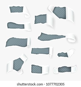 White torn paper curls revealing inner tint layer through variously shaped holes realistic images collection vector illustration 