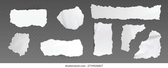 Juego de hojas de recorte de papel roto blanco con bordes irregulares rasgados. Varias piezas de notas en diferentes Formas: tiras rectangulares, fragmentos cuadrados y formas arrugadas para el diseño de álbumes de recortes o collages.