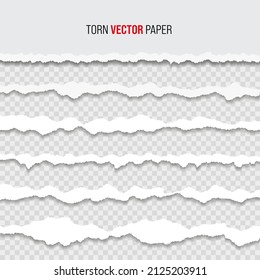 White torn paper edge template. Ripped horizontal strips with shadows. Border texture design. Vector illustration