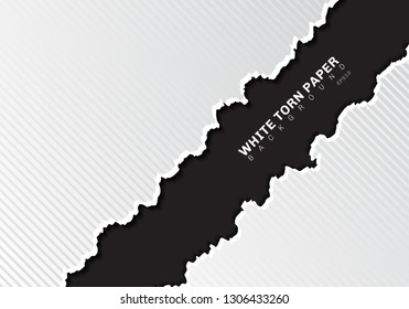 White torn paper edges with shadow and pattern diagonal lines texture on black background with copy space. Vector illustration