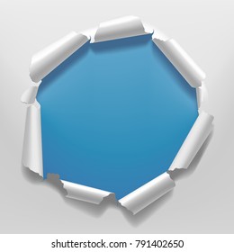 White torn paper frame with a hole on blue background background. Vector illustration