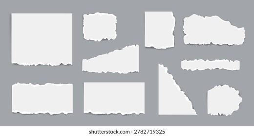 White torn paper frame with ripped edge and rough texture on grey background. Vector illustration of cut sheet piece with vintage torn effect for collage, scrapbook design and note mockup elements.