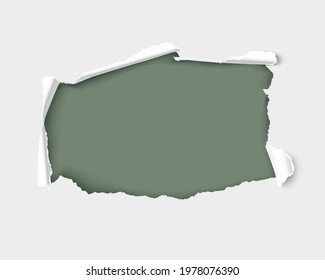 White torn paper hole wit ripped edges realistic vector illustration isolated over green background