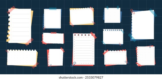 White Torn Paper Note Ripped Paper Vector Collection. Colorful Blank Paper Stripes Notes for Message, Journals, Planners, To-Do Lists, Memo Template. Hand Drawn Paper Reminder flat vector illustration