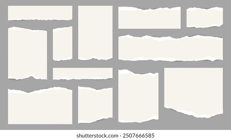 White torn paper notes with ripped edges and corners, vector page scraps. Torn paper strips, cut shreds and cracks of sheet pieces, paper wisp fragments with crumpled edges for memo note frames