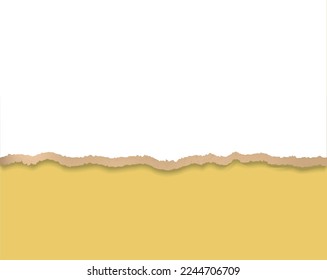 White torn paper on Yellow background. Empty ripped half sheet Paper Edge. Vector realistic Mockup. Horizontal strip with soft shadow.  Blank template with space for text. EPS10.