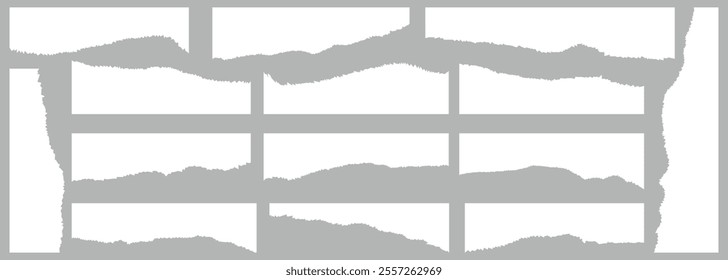 White torn paper pieces with edge. Collection of ripped paper strip element