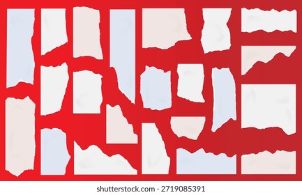 Piezas de papel rasgadas blancas y bordes rasgados en varias Formas, Ilustración vectorial aislada sobre fondo rojo para espacio de copia y notas.
