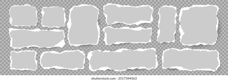 White Torn Paper pieces set. Blank Paper fragments with Ripped edges. Abstract Realistic Scraps shape. Flat design illustration. Rectangle Frame for notice banner collage text box social media Design