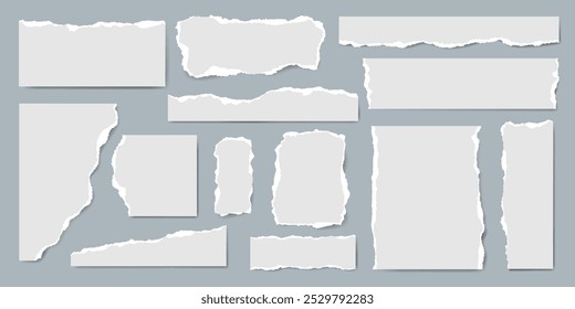 White Torn Paper pieces set. Paper sheet with Ripped edges. Empty highlight Frame. Abstract Scraps shape. Element for notes banner collage text box social media Design. Vector illustration