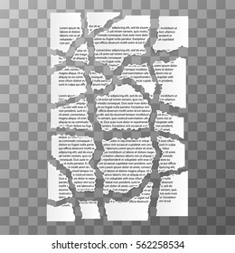 White torn paper pieces of text document on transparent background