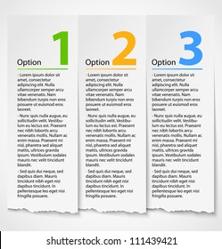 White torn paper progress option label background with description. Vector numbered banners