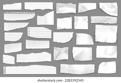 Papel blanco roto. Desechos de piezas de papel rasgado. Notas vectoriales con líneas y perforación. Hojas de memo de textura con agujeros para la espiral. Rompecabezas tristes tridimensionales aisladas y realistas, palas para cuadernos ajustadas