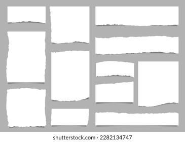 White torn paper rip pieces of sheet edge, note scrap or notebook pages, vector backgrounds. Notepad torn paper for message note, page or banner and cardboard blank ripped piece strips - Shutterstock ID 2282134747