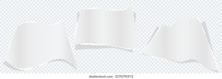 White torn paper rip pieces with torn adges and soft shadow. Blank mockup for text or message on transparent. 3D vector illustration for presentation, advertising, website, apps, banner layout