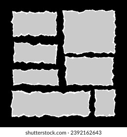 White torn paper rip pieces of sheet edge, note scrap or notebook pages, vector backgrounds. Notepad torn paper for message note, page or banner and cardboard blank ripped piece strips