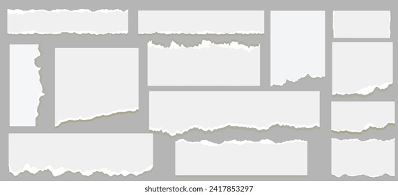 White torn paper rip pieces of sheet edge, note scrap or notebook pages, vector backgrounds. Notepad torn paper for message note, page or banner and cardboard blank ripped piece strips