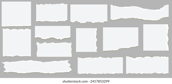 White torn paper rip pieces of sheet edge, note scrap or notebook pages, vector backgrounds. Notepad torn paper for message note, page or banner and cardboard blank ripped piece strips