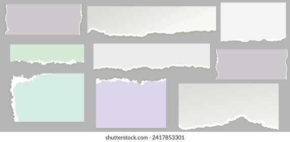 White torn paper rip pieces of sheet edge, note scrap or notebook pages, vector backgrounds. Notepad torn paper for message note, page or banner and cardboard blank ripped piece strips