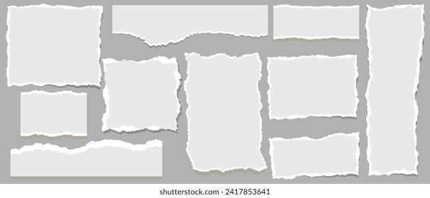 White torn paper rip pieces of sheet edge, note scrap or notebook pages, vector backgrounds. Notepad torn paper for message note, page or banner and cardboard blank ripped piece strips