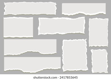 White torn paper rip pieces of sheet edge, note scrap or notebook pages, vector backgrounds. Notepad torn paper for message note, page or banner and cardboard blank ripped piece strips