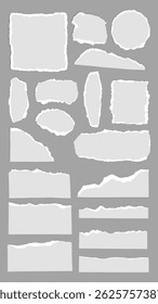 White torn paper with rough edges on a gray background. Torn paper creates a jagged, irregular shape. The torn paper stands out against the gray backdrop. Ripped paper vector.