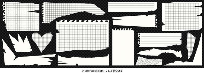 White torn paper set. Notebook sheets, paper clippings for collage and scrapbooking. Contemporary vector design.