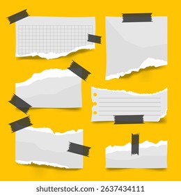 White torn paper sheets with notebook edges, taped with clear or black masking tape. Great for banners, web layouts, or backgrounds.