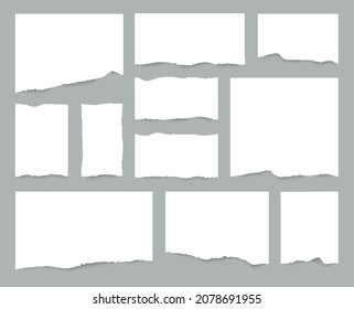 White torn paper sheets set. Realistic pieces of ripped white pages. Collection of torn notes. Realistic paper scraps. Vector illustration.