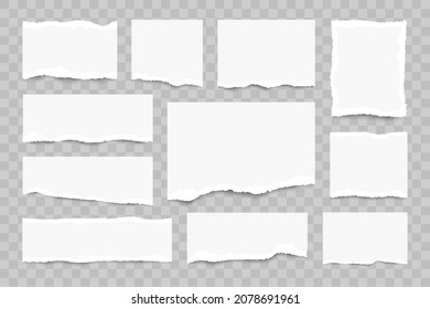 White torn paper sheets set. Realistic pieces of ripped white pages. Collection of torn notes.