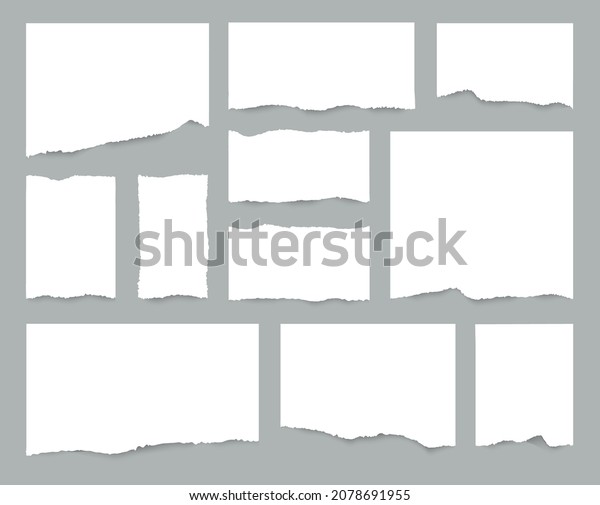 White torn paper sheets set. Realistic\
pieces of ripped white pages. Collection of torn notes. Realistic\
paper scraps. Vector\
illustration.