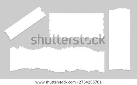 White Torn Paper Strips Collection Isolated on Gray Background with Realistic Ripped Texture for Design and Collage Decoration